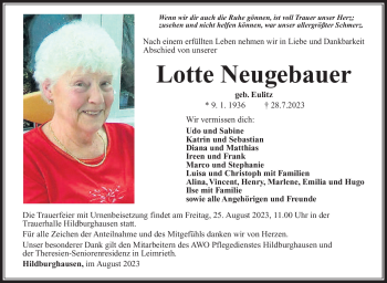 Traueranzeige von Lotte Neugebauer von Südthüringer Presse