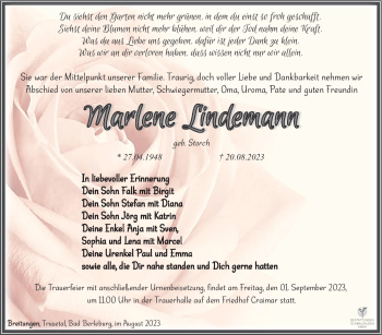 Traueranzeige von Marlene Lindemann von Südthüringer Presse
