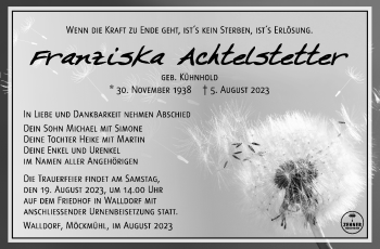 Traueranzeige von Franziska Achtelstetter von Südthüringer Presse