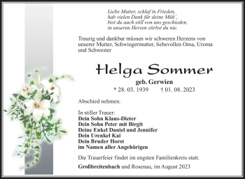 Traueranzeige von Helga Sommer von Südthüringer Presse