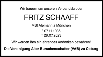 Traueranzeige von Fritz Schaaff von Neue Presse Coburg