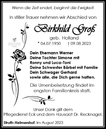 Traueranzeige von Birkhild Groß von Südthüringer Presse