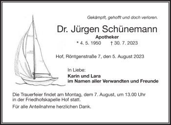 Traueranzeige von Jürgen Schünemann von Frankenpost