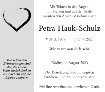 Traueranzeige von Petra Hauk-Schulz von Frankenpost