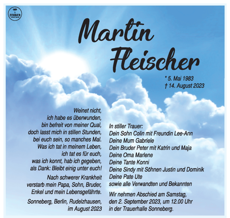  Traueranzeige für Martin Fleischer vom 26.08.2023 aus Südthüringer Presse