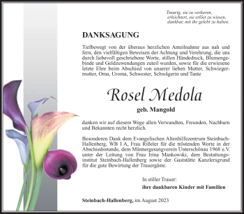 Traueranzeige von Rosel Medola von Südthüringer Presse
