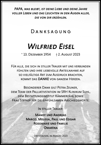 Traueranzeige von Wilfried Eisel von Südthüringer Presse