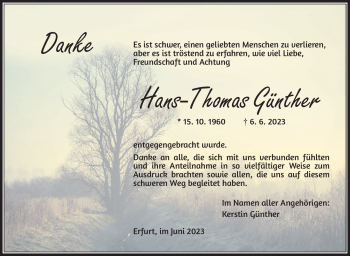 Traueranzeige von Hans-Thomas Günther von Südthüringer Presse