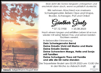 Traueranzeige von Günther Gratz von Südthüringer Presse