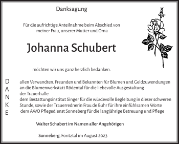 Traueranzeige von Johanna Schubert von Südthüringer Presse