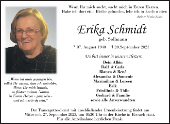 Traueranzeige von Erika Schmidt von Neue Presse Coburg