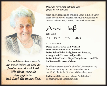 Traueranzeige von Anni Heß von Südthüringer Presse
