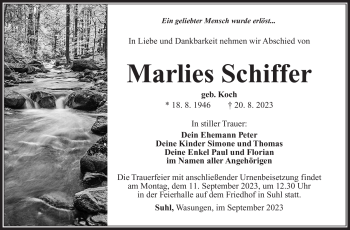 Traueranzeige von Marlies Schiffer von Südthüringer Presse