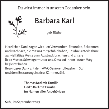 Traueranzeige von Barbara Karl von Südthüringer Presse