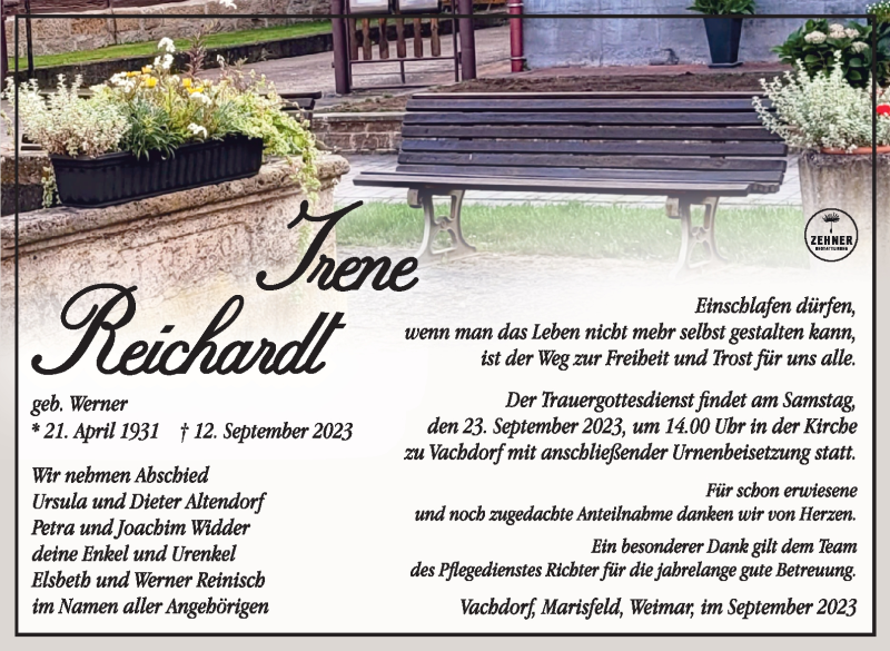  Traueranzeige für Irene Reichardt vom 19.09.2023 aus Südthüringer Presse