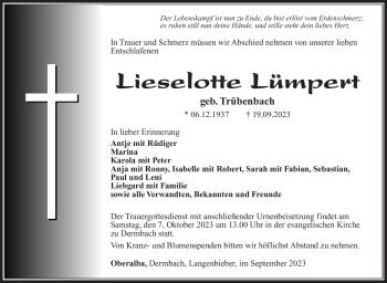 Traueranzeige von Lieselotte Lümpert von Südthüringer Presse