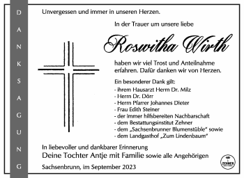 Traueranzeige von Roswitha Wirth von Südthüringer Presse