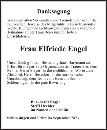 Traueranzeige von Elfriede Engel von Südthüringer Presse