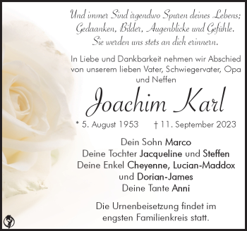 Traueranzeige von Joachim Karl von Südthüringer Presse