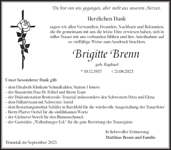 Traueranzeige von Brigitte Brenn von Südthüringer Presse