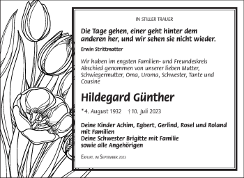 Traueranzeige von Hildegard Günther von Südthüringer Presse