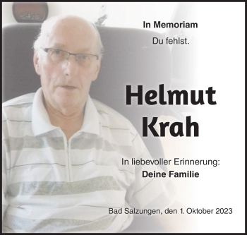 Traueranzeige von Helmut Krah von Südthüringer Presse