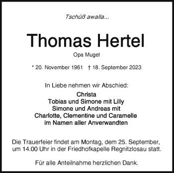 Traueranzeige von Thomas Hertel von Frankenpost