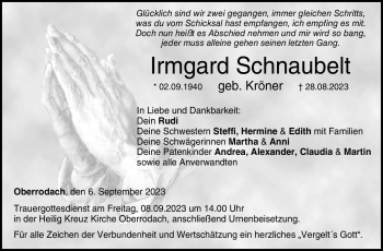 Traueranzeige von Irmgard Schnaubelt von Neue Presse Coburg