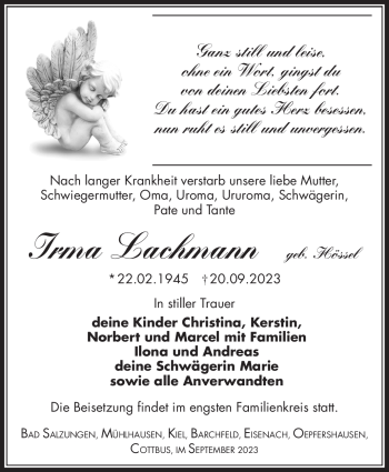 Traueranzeige von Irma Lachmann von Südthüringer Presse