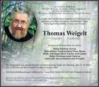 Traueranzeige von Thomas Weigelt von Südthüringer Presse