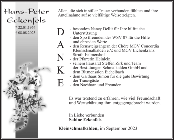 Traueranzeige von Hans-Peter Eckenfels von Südthüringer Presse