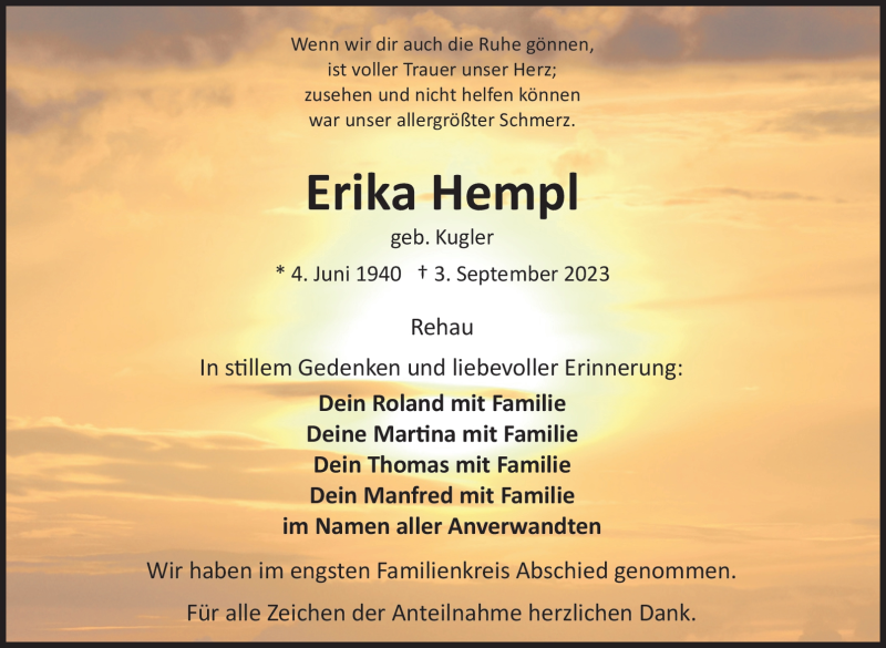  Traueranzeige für Erika Hempl vom 16.09.2023 aus Frankenpost