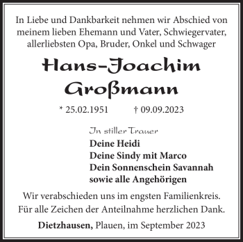 Traueranzeige von Hans-Joachim Großmann von Südthüringer Presse