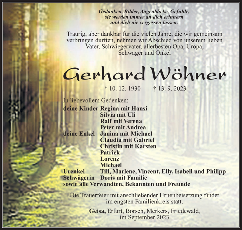  Traueranzeige für Gerhard Wöhner vom 16.09.2023 aus Südthüringer Presse