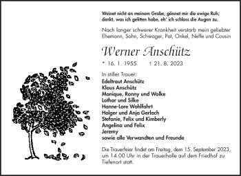 Traueranzeige von Werner Anschütz von Südthüringer Presse