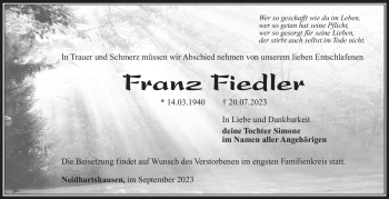 Traueranzeige von FRanz Fiedler von Südthüringer Presse