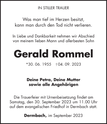 Traueranzeige von Gerald Rommel von Südthüringer Presse