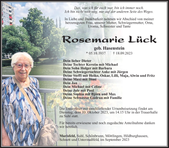 Traueranzeige von Rosemarie Lück von Südthüringer Presse