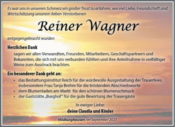 Traueranzeige von Reiner Wagner von Südthüringer Presse
