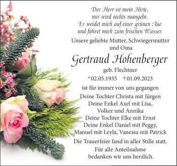 Traueranzeige von Gertraud Hohenberger von Frankenpost