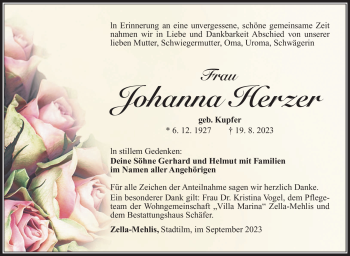 Traueranzeige von Johanna Herzer von Südthüringer Presse