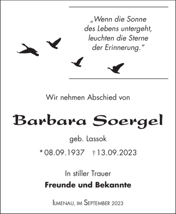 Traueranzeige von Barbara Soergel von Südthüringer Presse