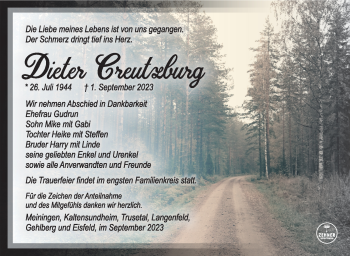 Traueranzeige von Dieter Creutzburg von Südthüringer Presse