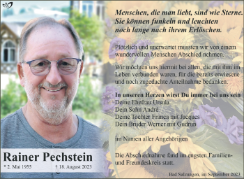 Traueranzeige von Rainer Pechstein von Südthüringer Presse