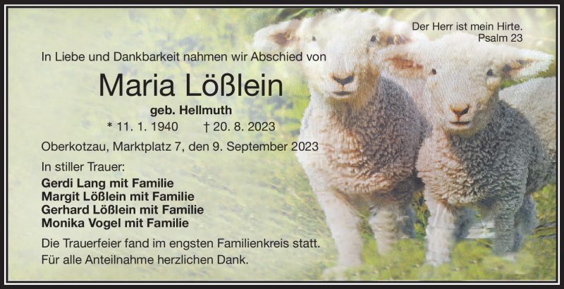  Traueranzeige für Maria Lößlein vom 09.09.2023 aus Frankenpost
