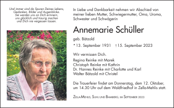 Traueranzeige von Annemarie Schüller von Südthüringer Presse