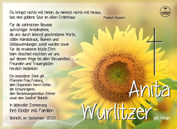 Traueranzeige von Anita Wurlitzer von Südthüringer Presse