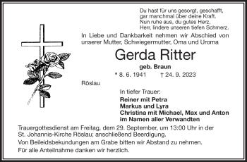 Traueranzeige von Gerda Ritter von Frankenpost