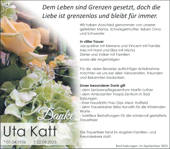 Traueranzeige von Uta Katt von Südthüringer Presse