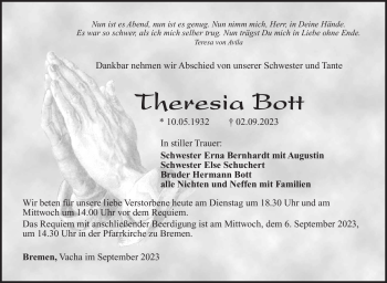 Traueranzeige von Theresia Bott von Südthüringer Presse